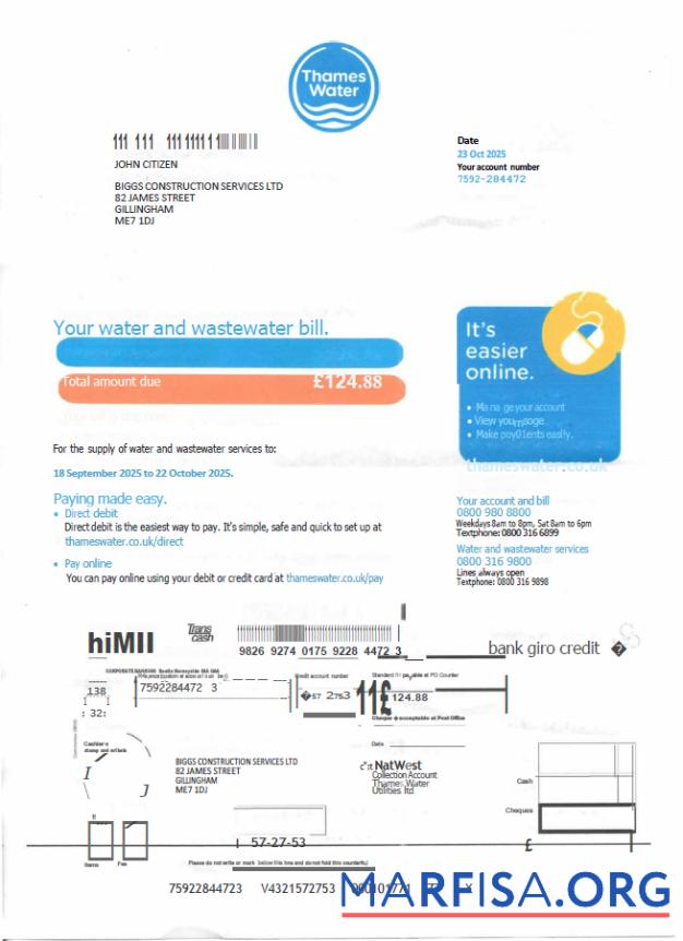 Realistic United Kingdom Thames Water utility bill template in Word and PDF formats, version 2